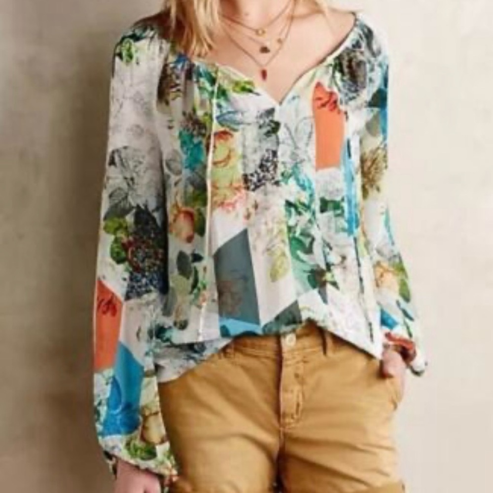 Anthropologie Leifsdottir Silk Tie Front Semi Sheer Blouse White Green Size 6